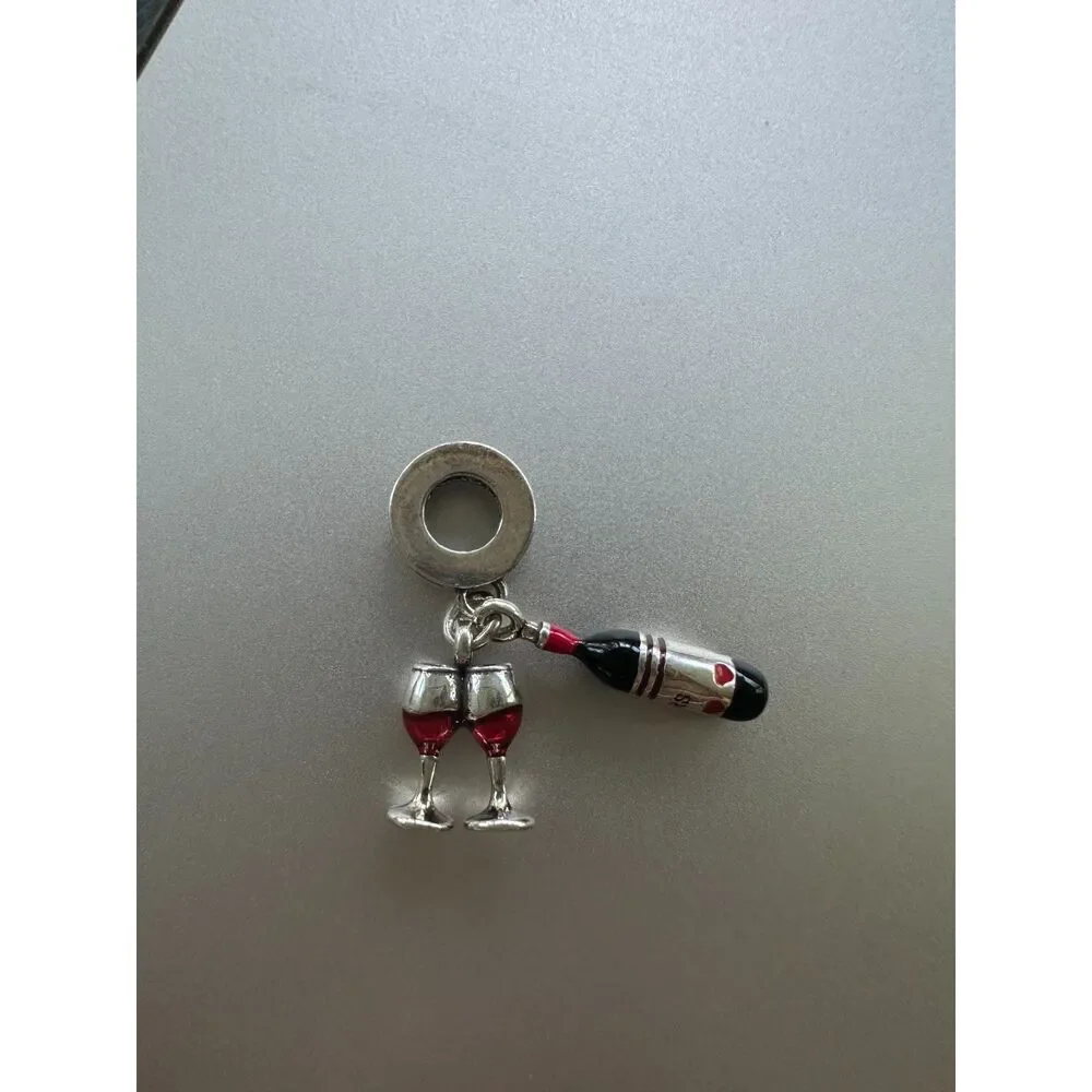 NWOT Pandora FIT Red Wine & Glasses Silver Dangle Charm